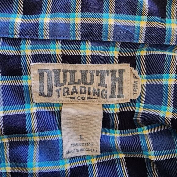 Duluth Trading Trim Fit blue plaid long sleeve button front shirt mens size L - Picture 3 of 4